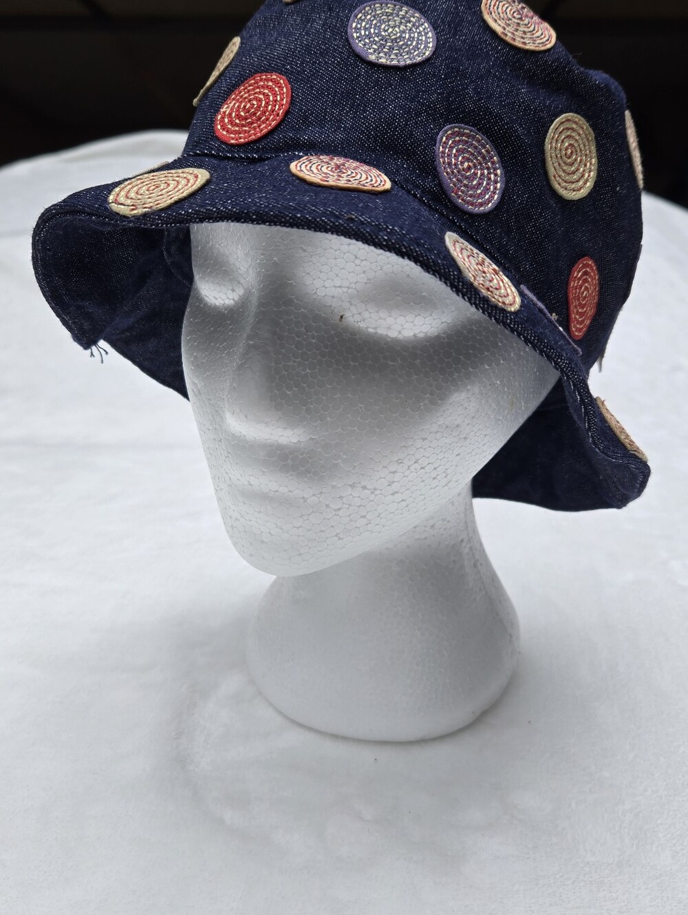 Bath & Body Works Kids Navy Denim Bucket Hat with Multicolor Spiral Patches NWT